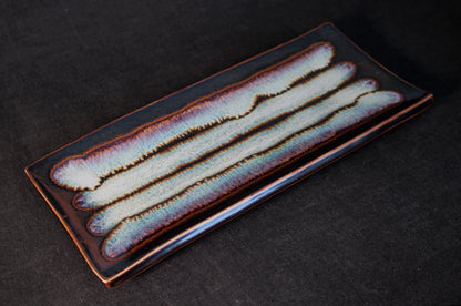 Handmade Tenmoku Long Sushi Plate With Multi-Reflections Glaze Stripes #60