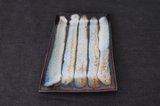 sushi plate with tenmoku glaze top view